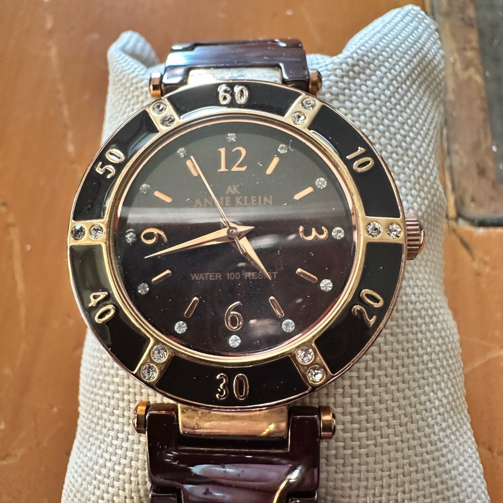 Anne Klein Black and Gold Men's Watch with Crystal Accents